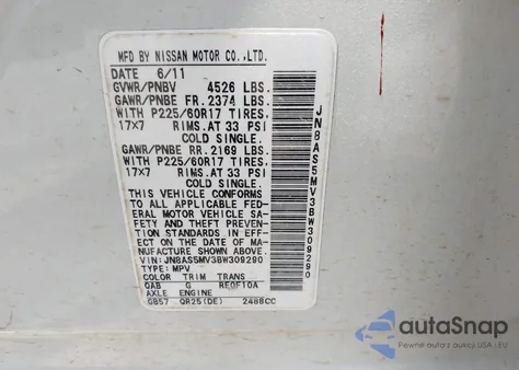 2011 Nissan Rogue Sv z USA, uszkodzony, nr VIN JN8AS5MV3BW309290